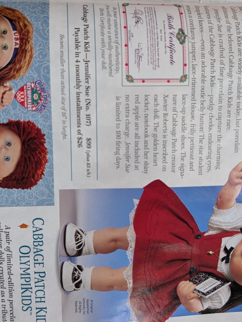 1995 Cabbage Patch Kids Jennifer Sue Porcelain Doll Complete w/ COA Original Box - Picture 8 of 13